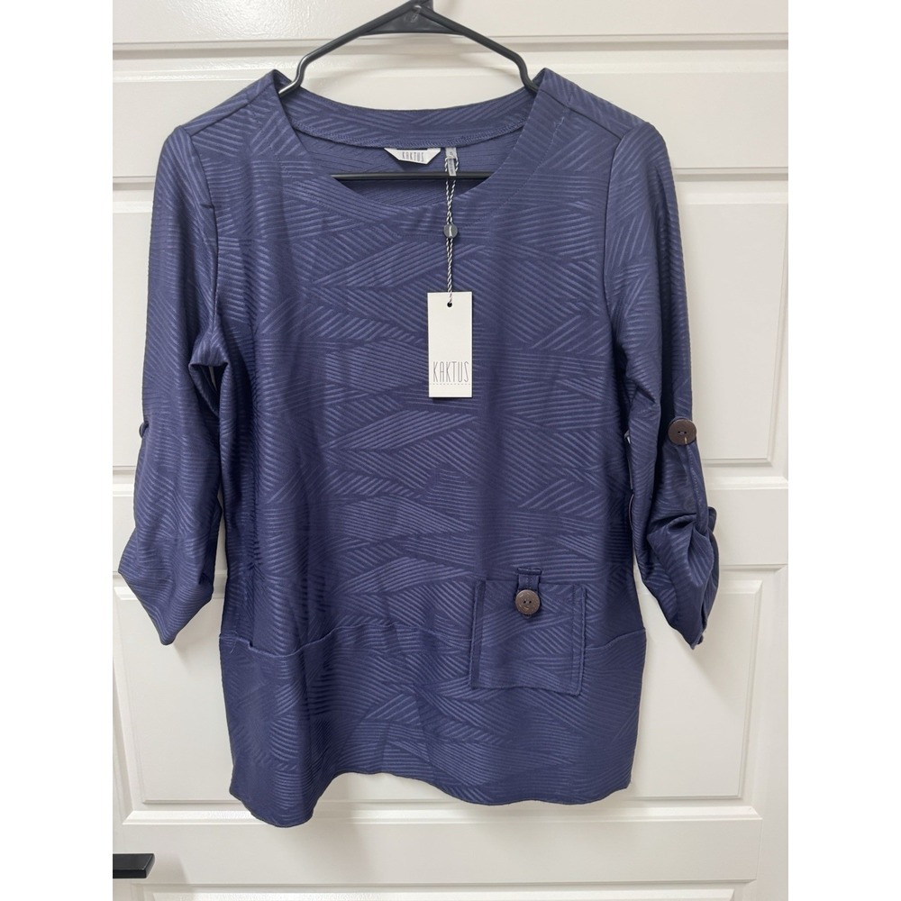 Kaktus Blue Blouse Top Pullover Small Womens Tunic Roll Tab Sleeve NWT